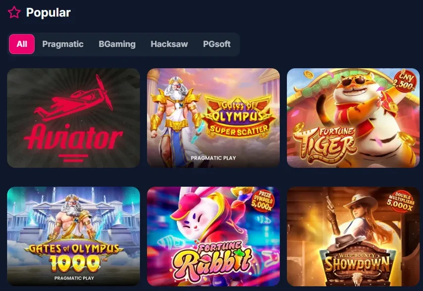 Lukkly'de popüler oyunlar: Aviator, Gates of Olympus, Fortune Tiger, Fortune Rabbit ve Showdown